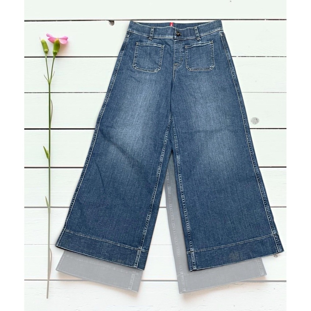 SPANX Women's High Rise Wide-Leg Blue Denim Crop Jeans M